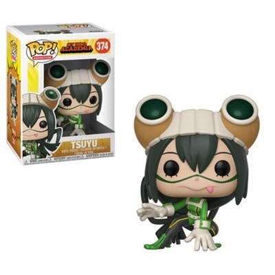 Figura Funko Pop Tsuyu com chapéu de olhos verdes e roupa verde, ao lado da caixa do produto.