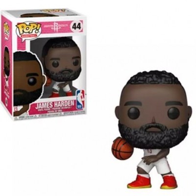 Figura Funko Pop de basquetebolista James Harden com bola ao lado da respectiva caixa