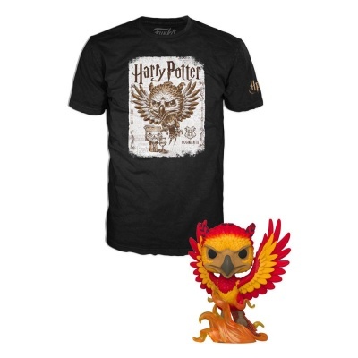 T-shirt preta Harry Potter com estampa e figura Funko Pop da fénix Fawkes colorida
