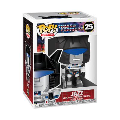 Figura vinilica Pop! Retro Toys dos Transformers, personagem Jazz em caixa