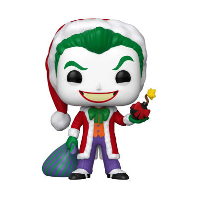 Figura Funko Pop do Coringa em traje natalício segurando bomba e saco colorido