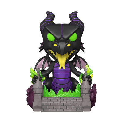 Figura colecionável de dragão negro e roxo com chamas verdes e parede cinzenta