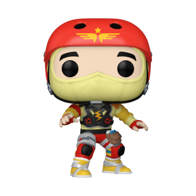 Figura Funko Pop com capacete vermelho e roupa colorida em fundo branco