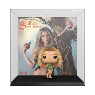 Expositor acrílico com figura Funko Pop e pôster de Shakira Oral Fixation