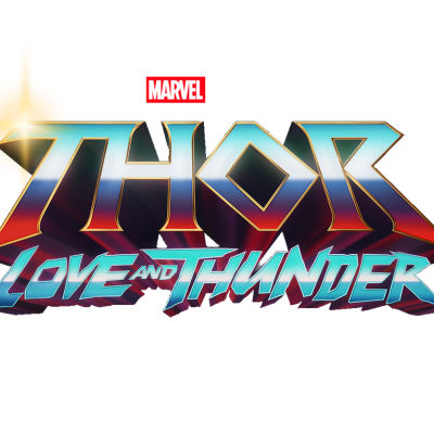 Logótipo do filme THOR LOVE AND THUNDER com cores e texto sobre fundo preto