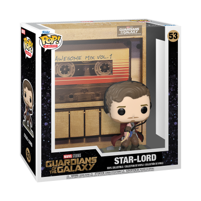 Boneco Funko Pop! Star-Lord com embalagem transparente e cassete com texto AWESOME MIX VOL. 1