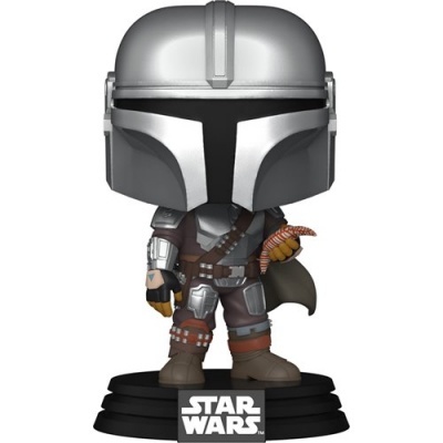 Figura Funko Pop do Mandaloriano em armadura prateada com base preta Star Wars