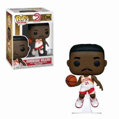 Figura Funko Pop de Dominique Wilkins com bola de basquetebol e uniforme branco e vermelho, junto da caixa original.