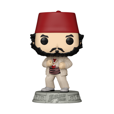 Figura colecionável Funko Pop com chapéu fez vermelho e vestuário bege e listrado