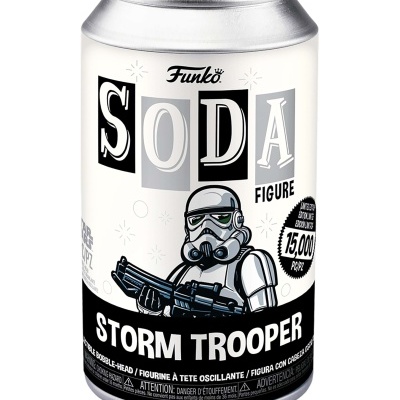 Lata Funko Soda Figure Storm Trooper com rótulo em preto e branco e imagem do boneco