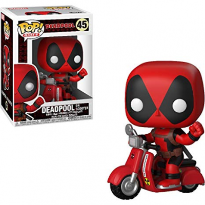 Figura Pop! Rides Deadpool 45 em scooter vermelha com detalhes em preto, branco e cinza