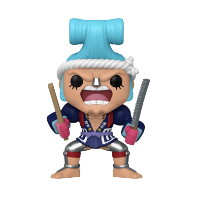 Figura Funko Pop com cabelo azul e casaco azul segurando armas