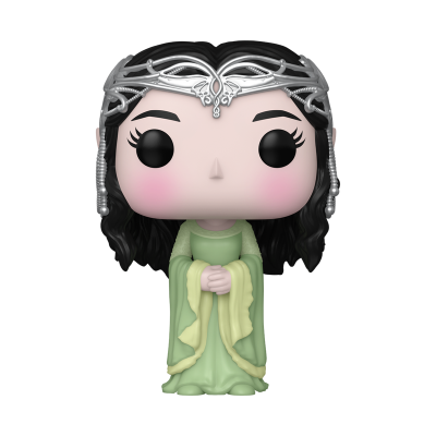 Figura Funko Pop feminina com vestido verde, cabelo preto e coroa prateada