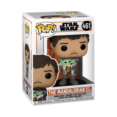 Boneco Funko Pop Star Wars 'The Mandalorian with Grogu' número 461 na caixa