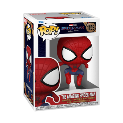 Figura Funko Pop! Spider-Man vermelha e azul numa caixa embalada com janela transparente.