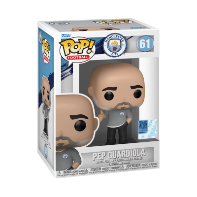 Funko Pop! Pep Guardiola com roupa cinza e preta em embalagem