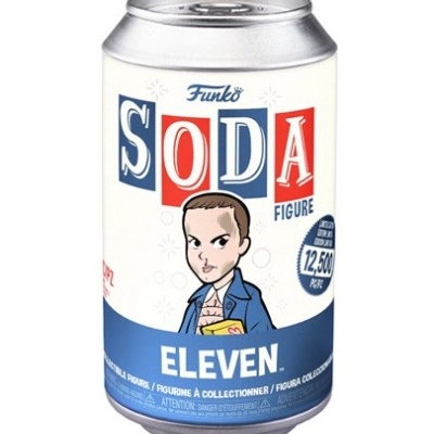 Lata branca e azul Funko Soda Figure com personagem Eleven desenhada