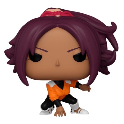 Figura Funko Pop com cabelo roxo e roupa laranja e preta agachada