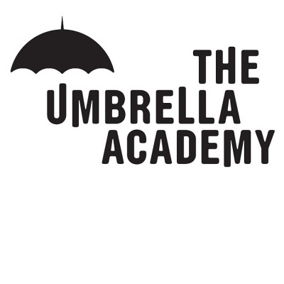Logótipo preto de guarda-chuva e texto THE UMBRELLA ACADEMY em fundo branco