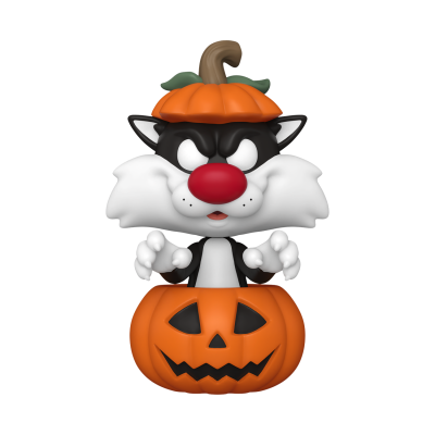Figura cartoon de gato com abóboras de Halloween