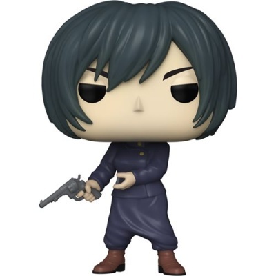 Figura Funko Pop de personagem com cabelo preto e roupa azul escura a segurar arma