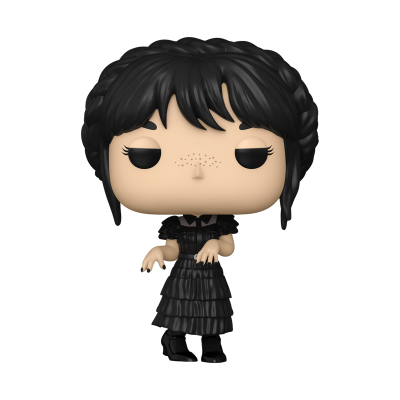 Boneco Funko Pop vestido de preto com cabelo preto trançado em fundo branco