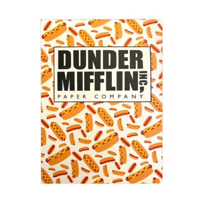 Caderno com padrão de hot dogs e texto DUNDER MIFFLIN INC. PAPER COMPANY