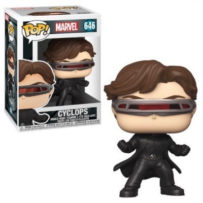 Figura Funko Pop! Ciclope da Marvel com roupa preta e óculos vermelhos, número 646 na caixa
