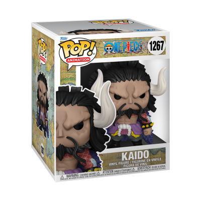 Figura Funko Pop Kaido da série One Piece com chifres grandes e capa roxa, dentro de caixa transparente.