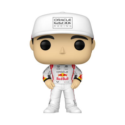 Figura colecionável de piloto de corrida com fato branco e boné Oracle Red Bull Racing
