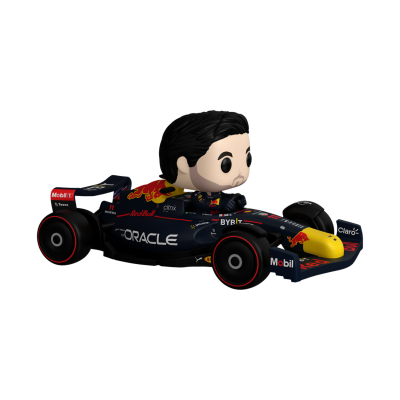 Figura Pop de vinil em carro de Fórmula 1 da Red Bull Racing azul escuro com detalhes amarelo e vermelho.