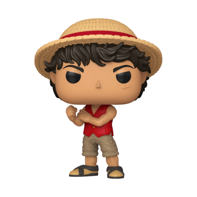 Boneco Funko Pop com chapéu de palha, colete vermelho e calções cinza