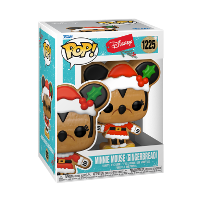 Funko Pop! Disney Minnie Mouse (Gingerbread) em embalagem com fundo azul e decorações natalinas