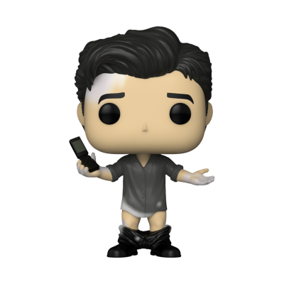 Boneco Funko Pop personagem masculino com camisa cinza e calças na cintura a segurar telemóvel