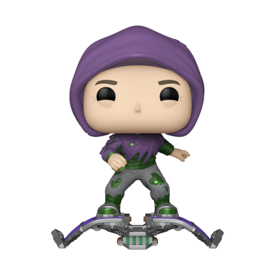 Figura Funko Pop com capuz roxo e hoverboard cinza, roxo e verde