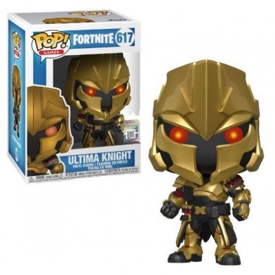 Funko Pop Fortnite Ultima Knight dourado com olhos vermelhos e embalagem