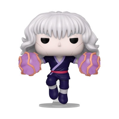 Figura Funko Pop com cabelo branco e roupas azul-escuro segurando bolas roxas