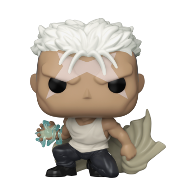 Figura Funko Pop de personagem com cabelo branco e armadura bege em fundo branco