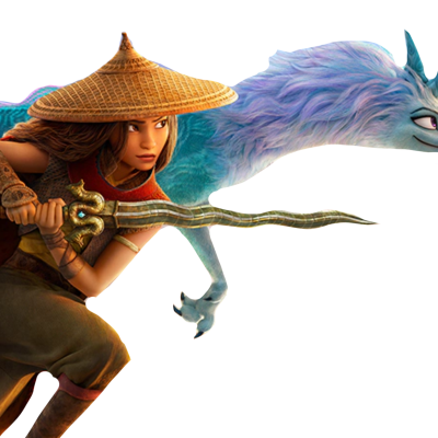 Personagem animada com chapéu cónico, capa e espada, com criatura mística azul e branca atrás