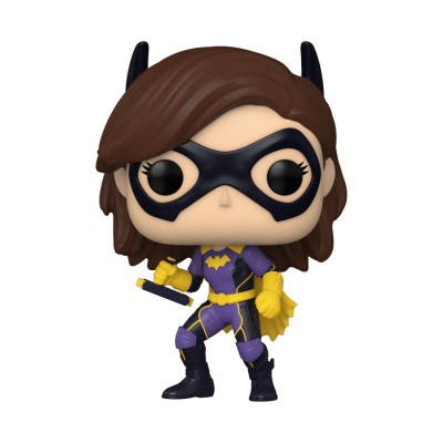 Boneco Funko Pop Batgirl com fatos roxo, amarelo e preto e máscara preta