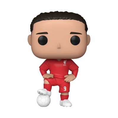 Boneco Funko Pop de jogador de futebol com camisola vermelha e bola