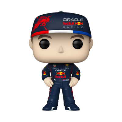 Funko Pop de piloto de corrida Red Bull Racing com macacão azul e boné azul e vermelho