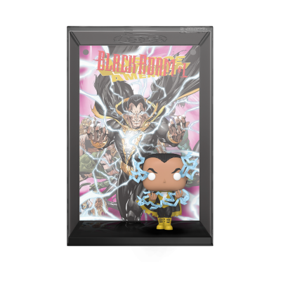 Funko Pop Black Adam com efeitos de raio em caixa transparente com imagem de fundo e texto