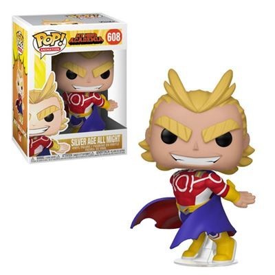 Figura colecionável Funko Pop! All Might Silver Age com roupa colorida e embalagem
