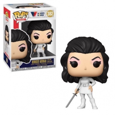 Figura Funko Pop! Wonder Woman número 382 com cabelo preto e roupa branca segurando uma espada e caixa do produto