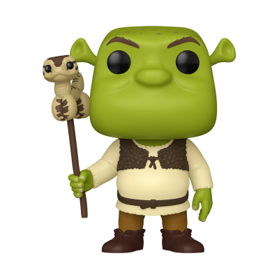 Boneco Funko Pop do Shrek a segurar um cajado com uma cabeça de cobra