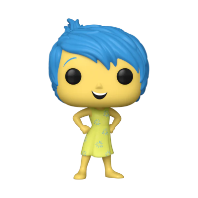 Figura Funko Pop Alegria, amarelo com cabelo azul e vestido amarelo com flores azuis