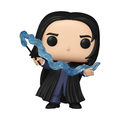 Figura Funko Pop personagem com cabelo preto, fato azul, casaco preto e magia azul.