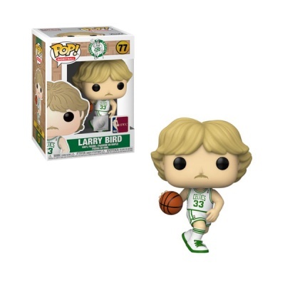 Figura Funko Pop de Larry Bird com fato dos Celtics e bola de basquete, ao lado da caixa.