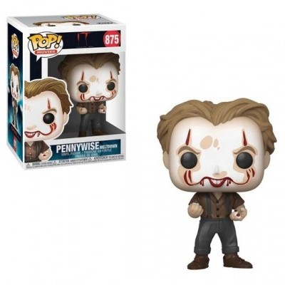 Funko Pop! Pennywise de Meltdown com rosto pintado e roupa escura junto à caixa.